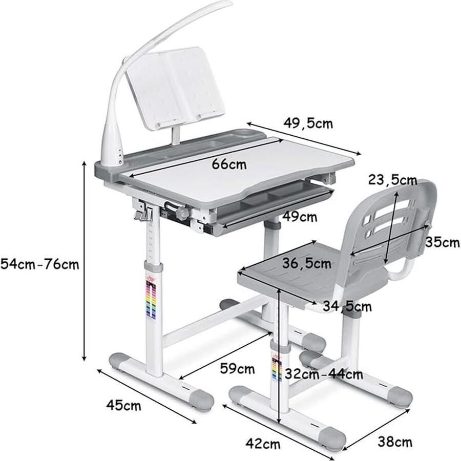 Kinderbureau in hoogte verstelbaar bureau voor studenten met lamp kindermeubilair kantelbaar kindertafel met stoel bureau met lade keuze uit kleuren (grijs) - Foto 2