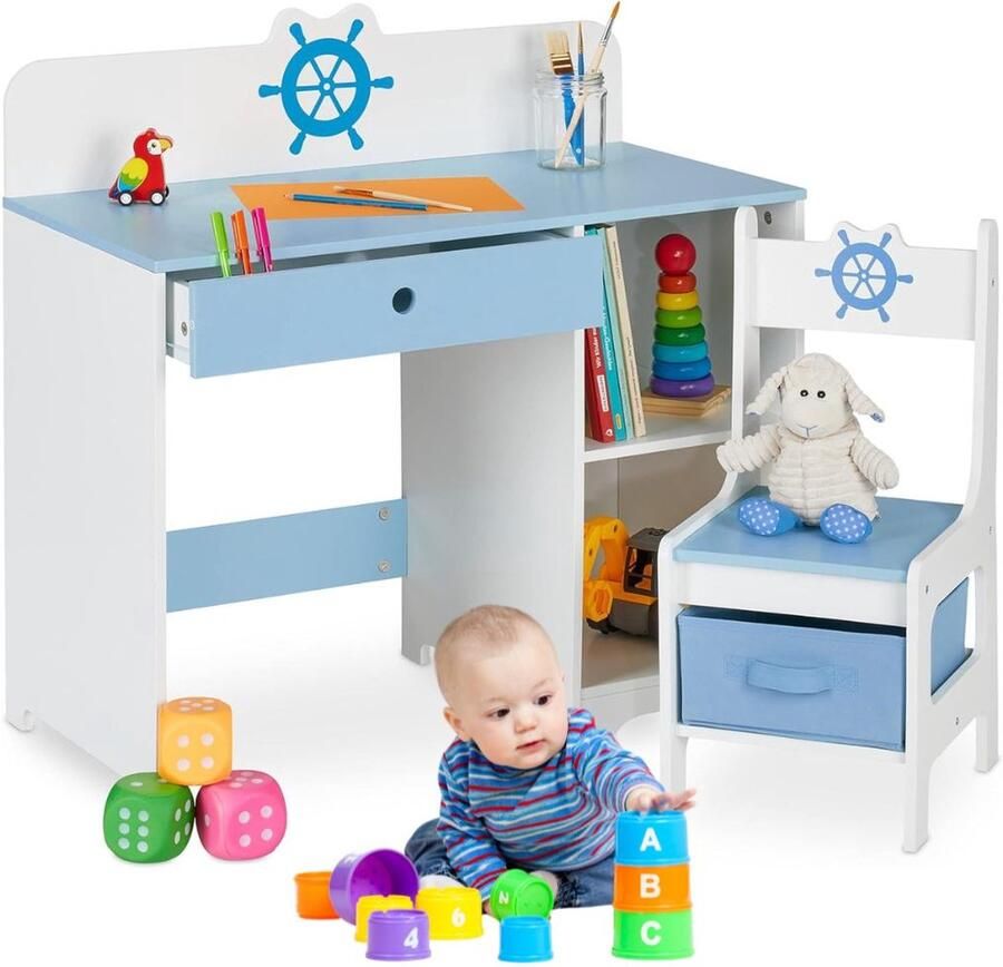 Kinderbureau met Bureaustoel Kindertafel voor Jongen en Meisje Tekentafel met Stoeltjes Verstelbaar Hout Blauw met Wit