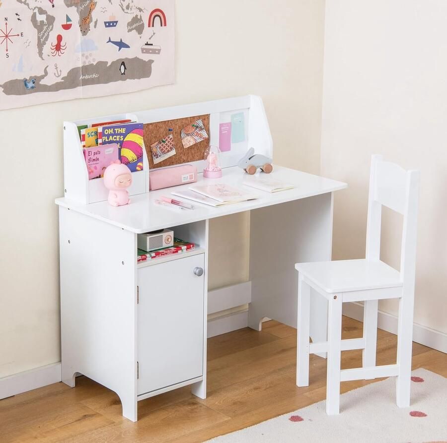 Kinderbureau met houten stoel leertafel met opbergvak en plank kindertafel 90 x 45 x 86 cm kinderbureau voor jongens en meisjes wit