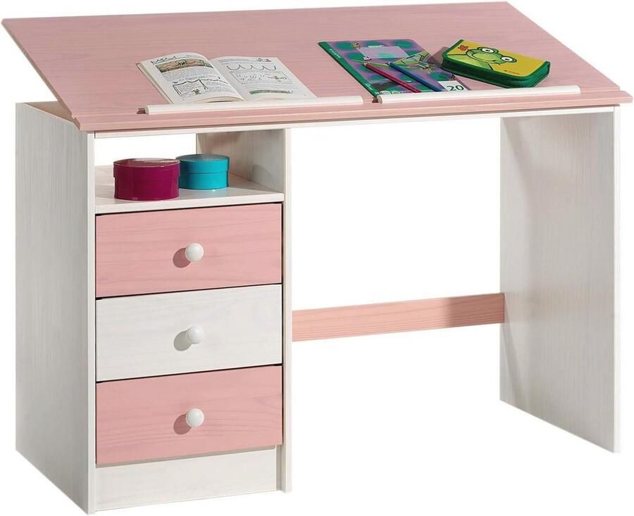Kinderbureau met Kantelverstelling in Wit Roze Praktisch Bureau met 3 Laden en Opbergvak