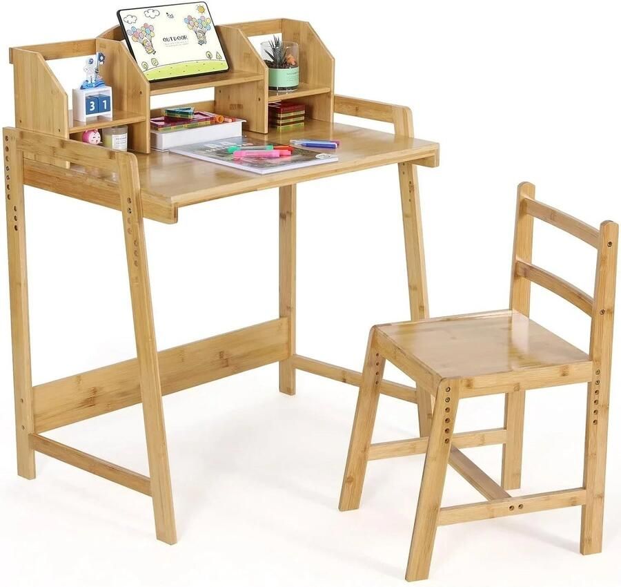 Kinderbureau met Stoel – Verstelbare Kindertafel en Kinderbureaustoel – Met Opbergruimte – Bamboe – 95x80x50 cm – Geschikt voor Kinderen van 3 tot 10 Jaar