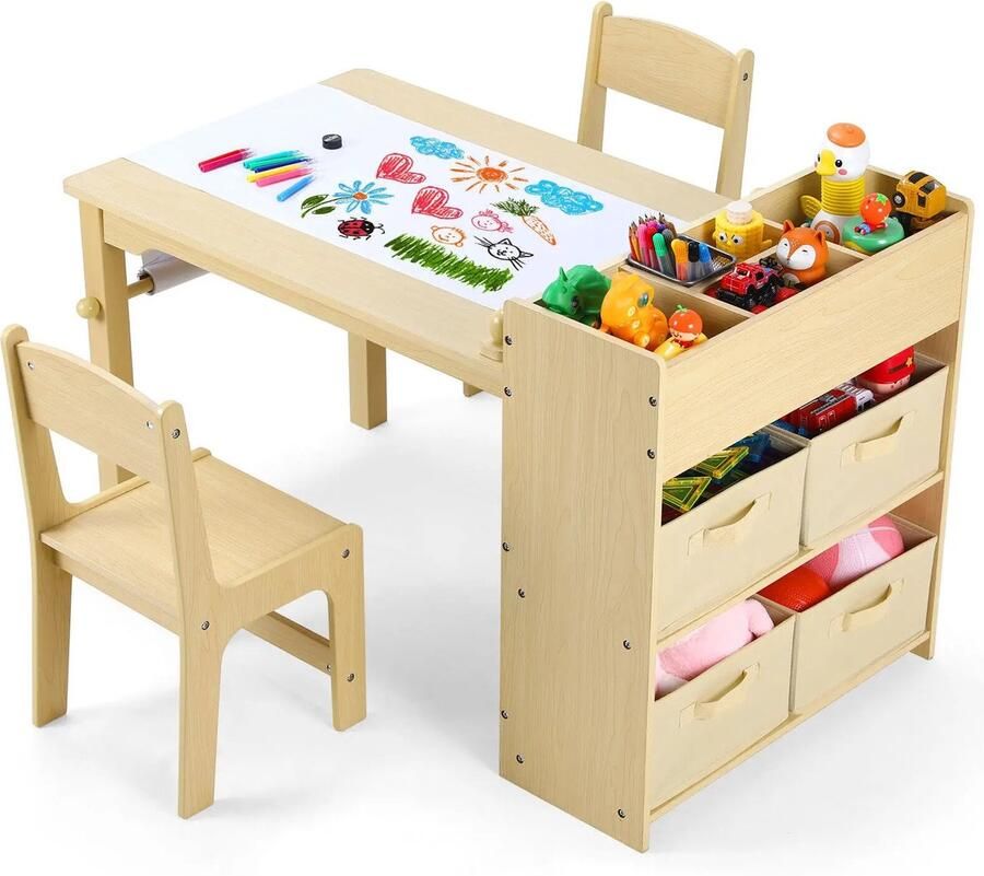 Kinderbureau Multifunctionele Kindertafel met Stoelen met Ruime Opbergruimte & Papierrolhouder – Perfect om te Tekenen Spelen en Leren