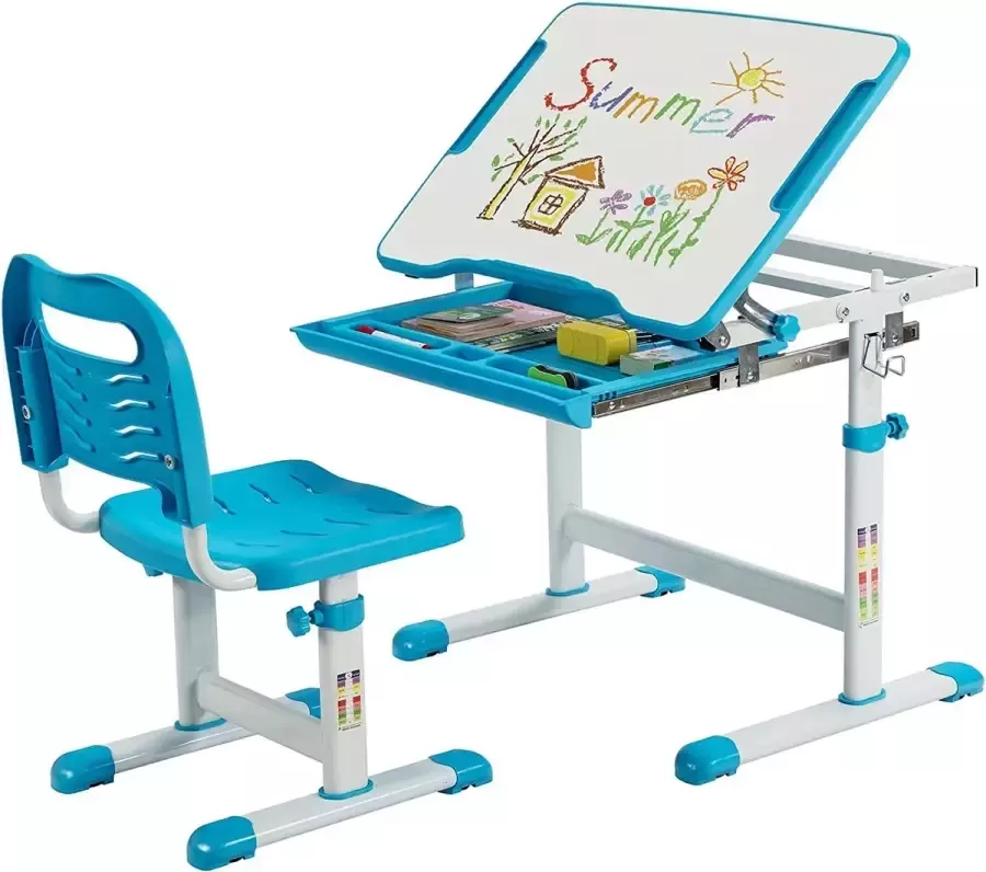 Kinderbureau set in hoogte verstelbaar kindertafel en stoel met kantelbaar beschrijfbaar tafelblad en lade kinderbureau voor jongens en meisjes (blauw)