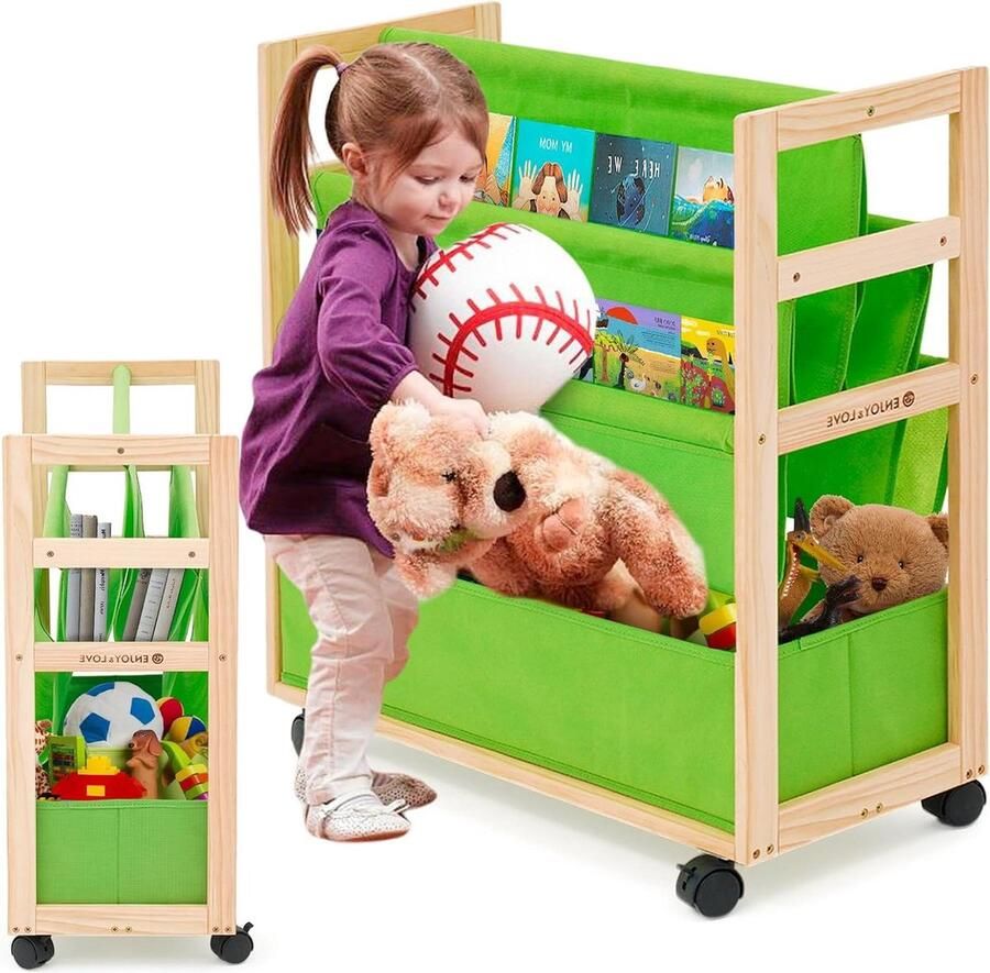 Kinderen Boekenkast met wieltjes 3 vakken Speelgoedkist Houten rek Grote opbergdozen Rollende wielen Multifunctioneel Kinderkamer speelkamer (groen)