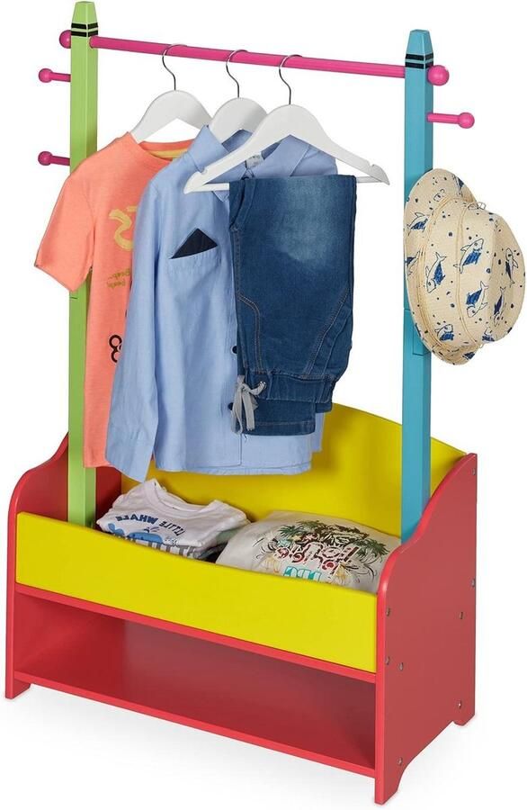 Kinderen garderobe kledingrek 4 haken 2 planken HBD 1005 x 71 x 30 cm kapstok gekleurd