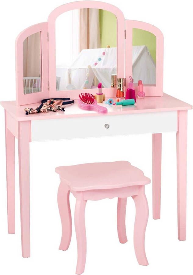 Kinderen kaptafel meisjes kaptafel set met drievoudig spiegel & grote lade 2 in 1 afneembaar ontwerp stijlvolle prinses make-up tafel en kruk (Roze)
