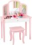 Kinderen kaptafel meisjes kaptafel set met drievoudig spiegel & grote lade 2 in 1 afneembaar ontwerp stijlvolle prinses make-up tafel en kruk (Roze) - Thumbnail 1