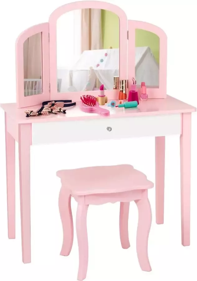Kinderen kaptafel meisjes kaptafel set met drievoudig spiegel & grote lade 2 in 1 afneembaar ontwerp stijlvolle prinses make-up tafel en kruk (Roze)