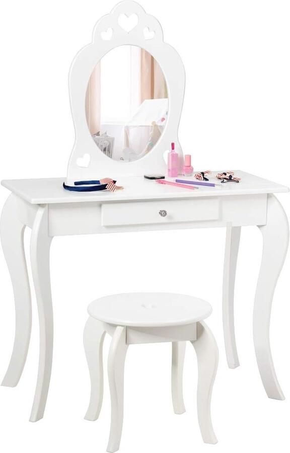 Kinderen Kaptafel met Kruk en Afneembare Spiegel Wit Houten Make-uptafel 70 x 34 x 105 cm