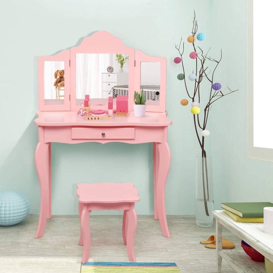 Kinderen kaptafel prinses make-up tafel met kruk en inklapbare spiegel make up tafel voor kleine meisjes (Roze)