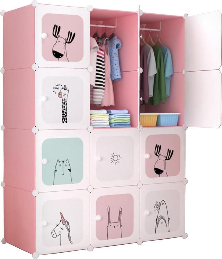 Kinderen Modulaire Kledingkast Rekken Kindergarderobe Organizer Opbergrek Thuis 12 modules 140x105 cm Roze