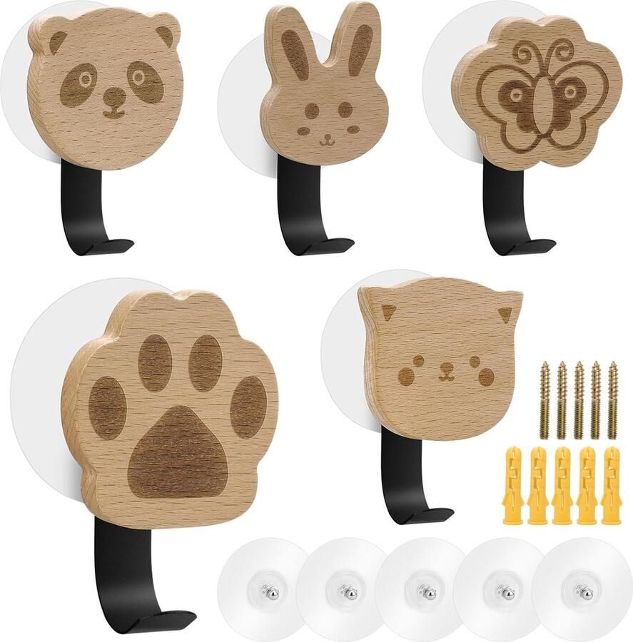 Kindergarderobe 5 stuks kinderkapstokhaken muurhout in cartoonvormen kapstokhaken muurhaken voor kinderen muurhanger deurhaken meubelknopen voor slaapkamer entree kast