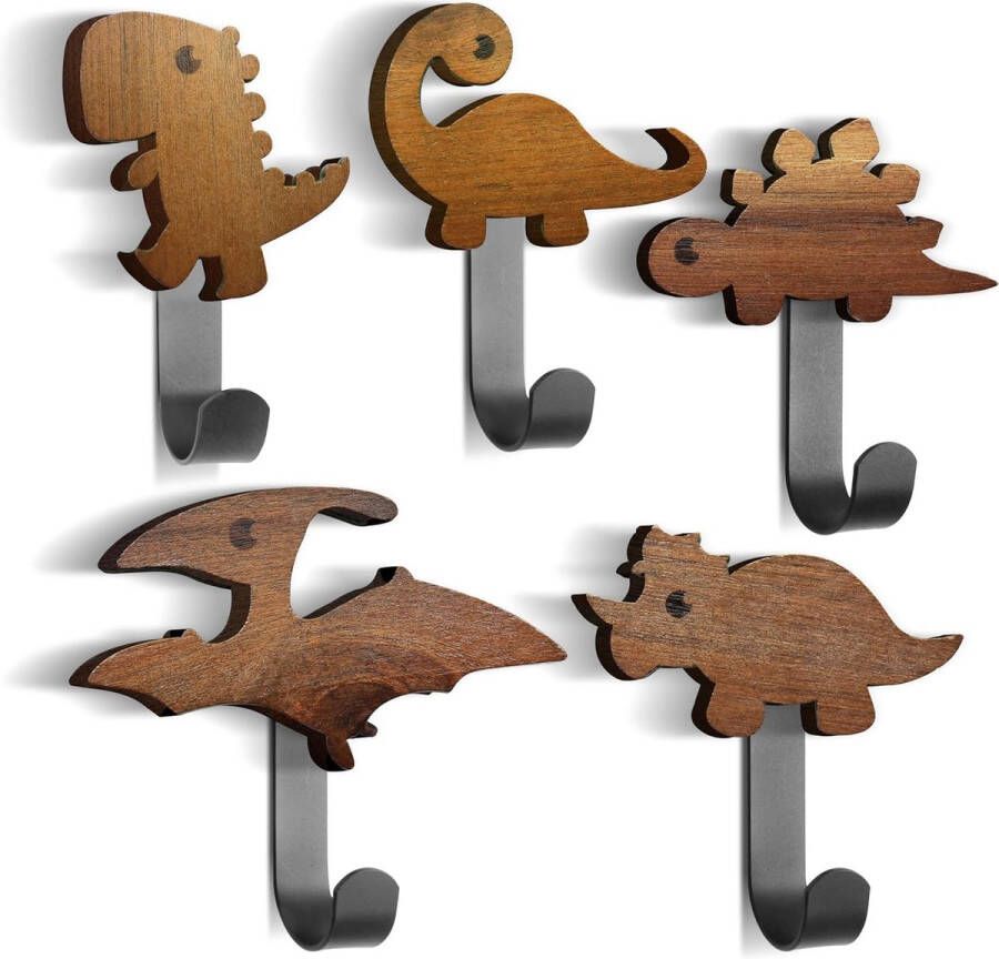 Kindergarderobe kledinghaken in dinosaurusvorm van walnoothout Kinderwandhanger met 5 haken Garderobehaken voor kinderen