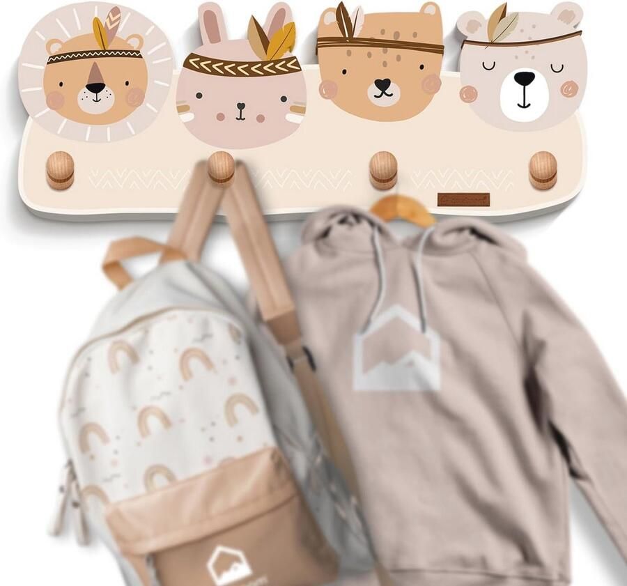Kindergarderobe met 4 haken en diermotieven Houten wandkapstok voor de kinderkamer Kledinghaken van beukenhout Ideaal voor organisatie en decoratie
