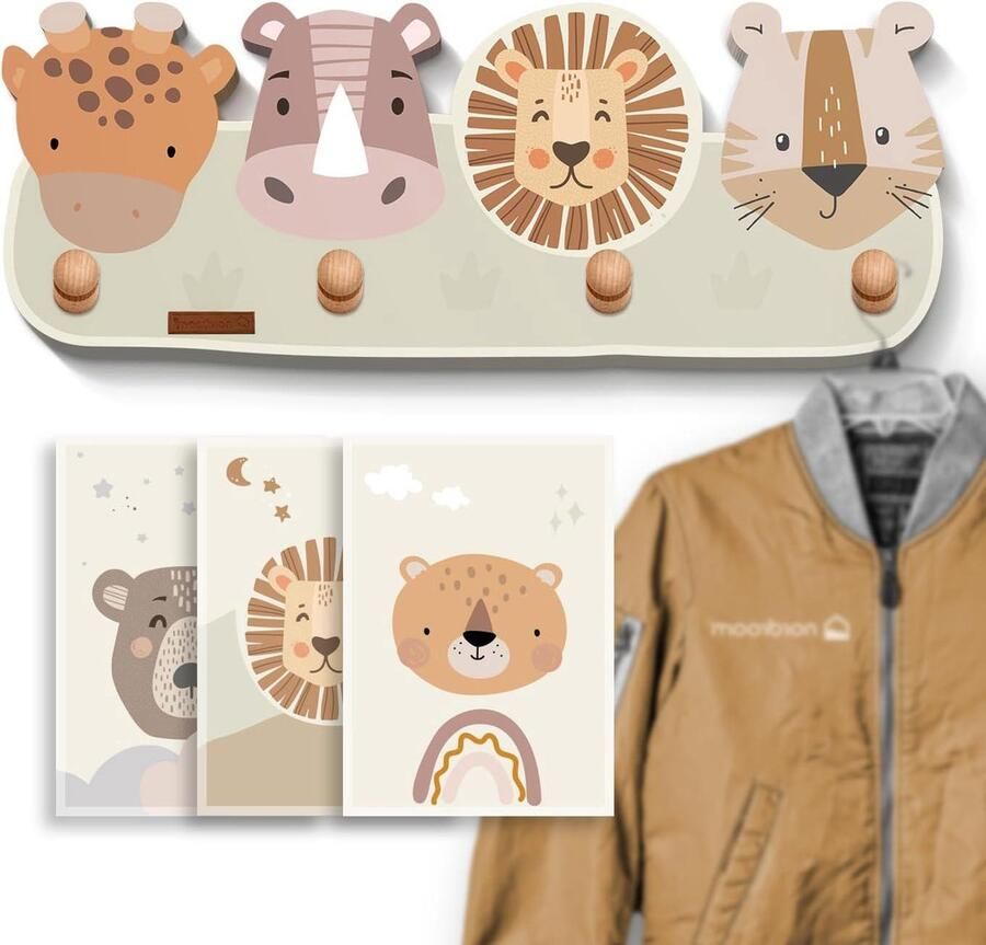 Kindergarderobe met 4 haken Wandgarderobe Geschikt voor kinderkamer Hout 39 x 15 x 5 cm