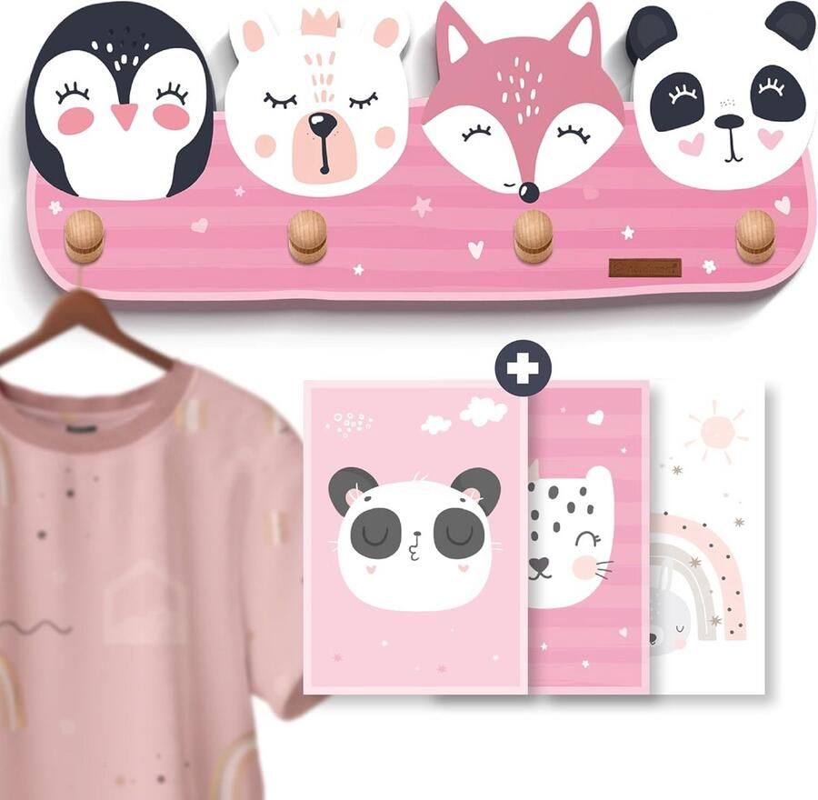 Kindergarderobe met Dierenmotieven Wandkapstok voor Kinderkamer met Houten Haken