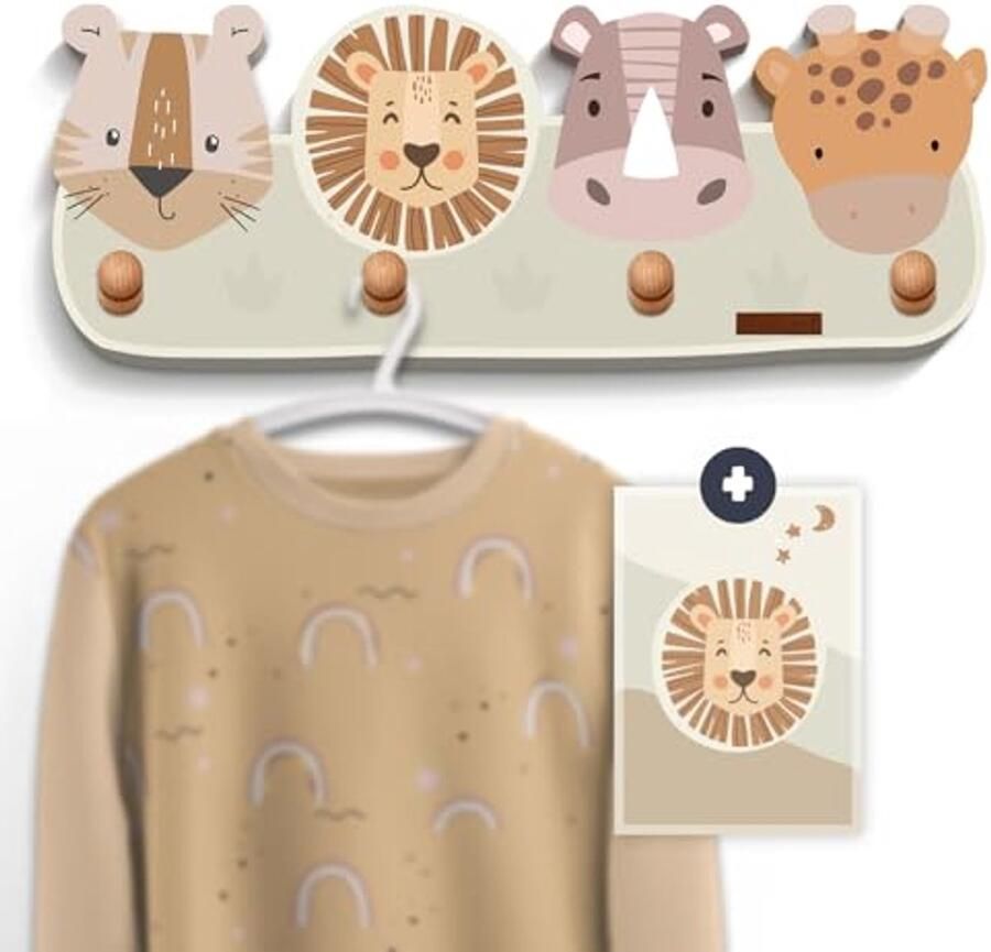 Kindergarderobe met diermotieven wandgarderobe met 4 haken voor de kinderkamer houten kapstok Scandinavisch design veilige en duurzame kindergarderobe