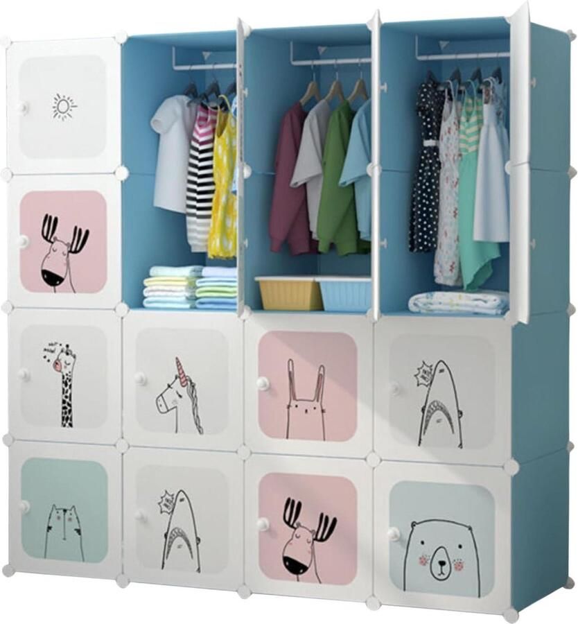 Kinderen Modulaire Kledingkast Rekken Kindergarderobe Organizer Opbergrek Thuis 16 modules 140x140 cm