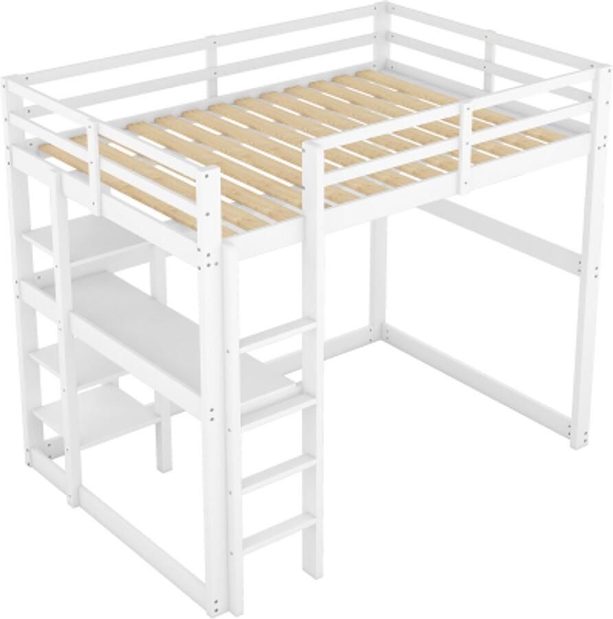 Kinderhoogslaper 140 x 200 cm bedframe met opbergruimte gemaakt van grenenhout met 4 opbergvakken en een bureaublad wit