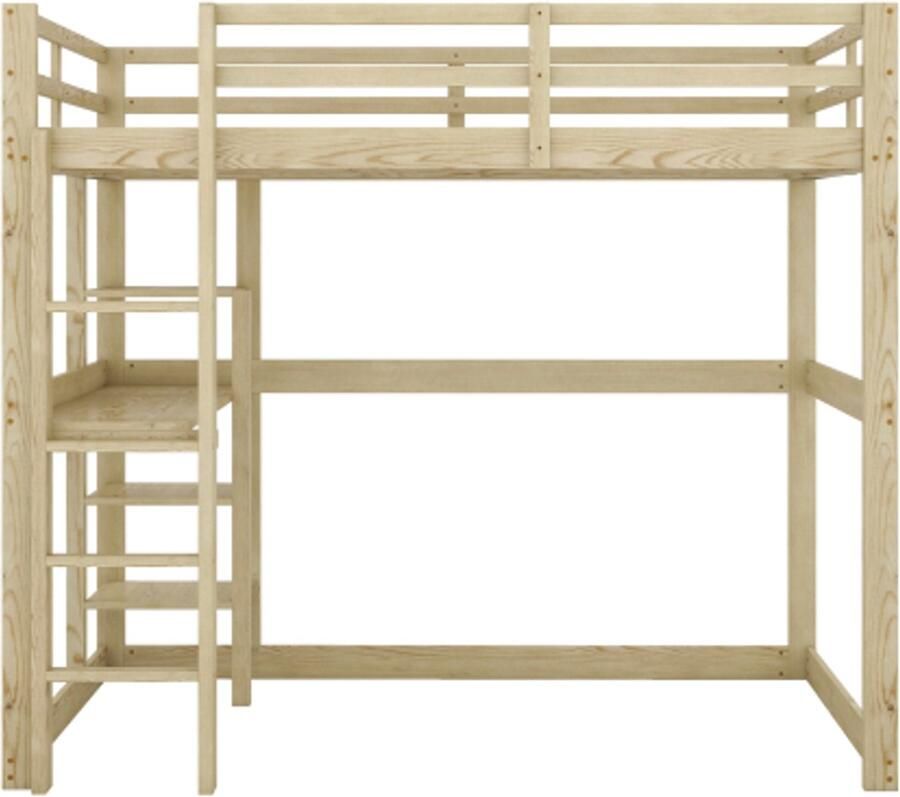 Kinderhoogslaper 140 x 200 cm bedframe met opbergruimte gemaakt van grenenhout met 4 opbergvakken en een bureaublad naturel