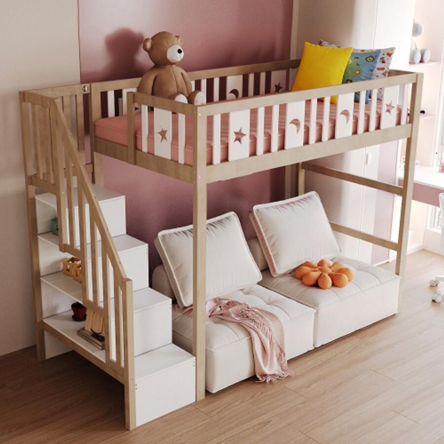 Kinderhoogslaper 90x200 met opbergruimte en klimladder massief houten eenpersoonsbed met uitvalbeveiliging ster- en maandecoratie. Houtkleur