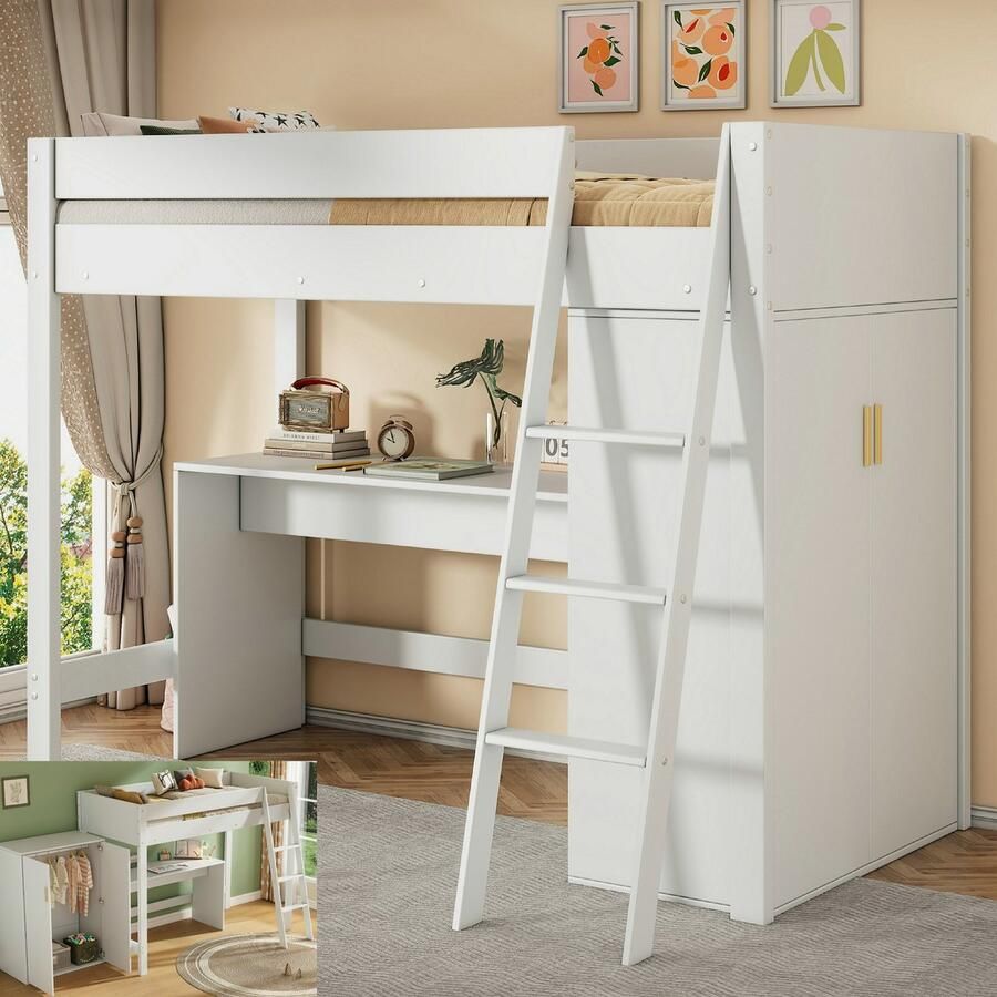 Kinderhoogslaper 90x200cm met ladder bureau en kledingkast vrij te combineren massief hout wit(matras niet inbegrepen)