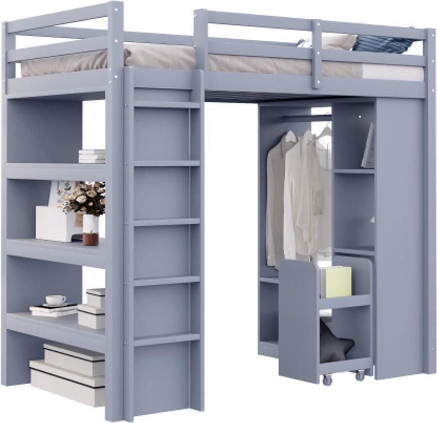 Kinderhoogslaper 90x200cm met planken met meerdere niveaus eenvoudige hangers en opbergvakken met 1 uitneembare organizer veel opbergruimte jeugdbed eenpersoonsbed grijs