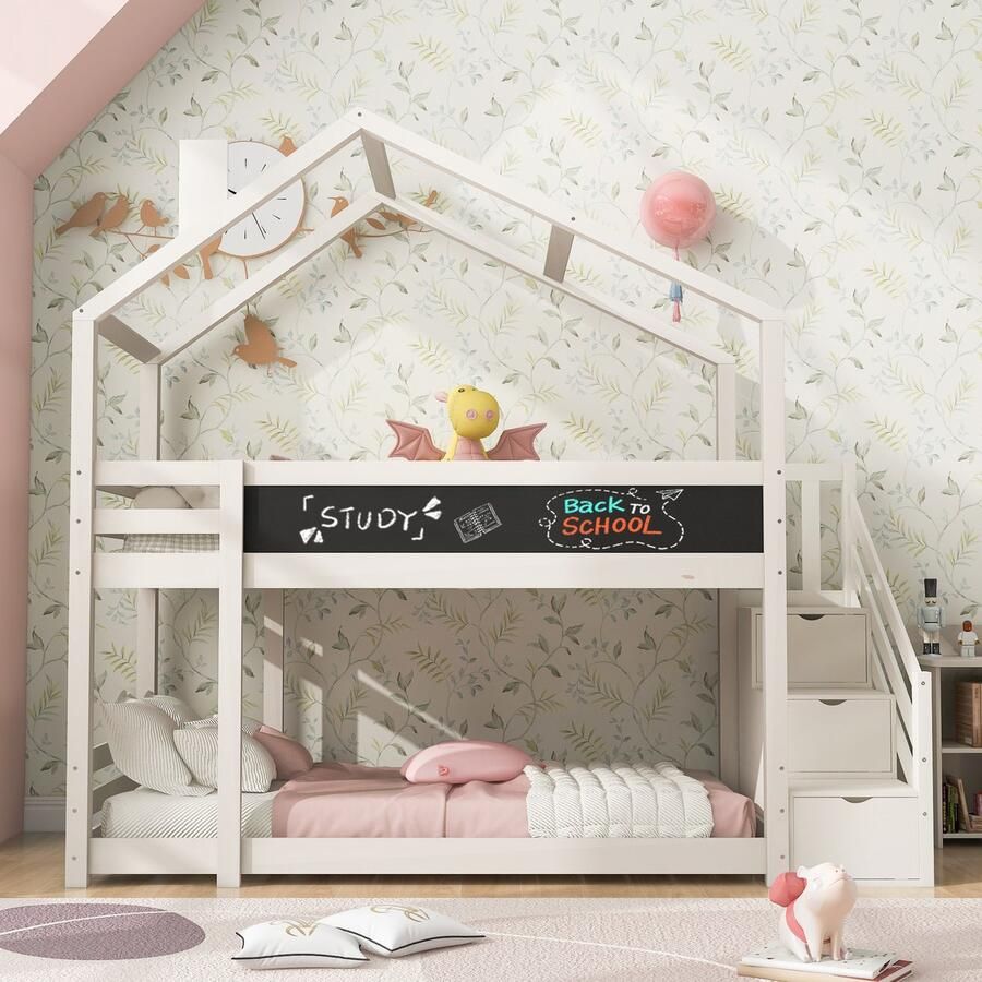 Kinderhoogslaper hoogslaper in huisthema met schouw&opberger&krijtbord kinderstapelbed 2 x lattenbodem wit 90*200 cm (zonder matras)