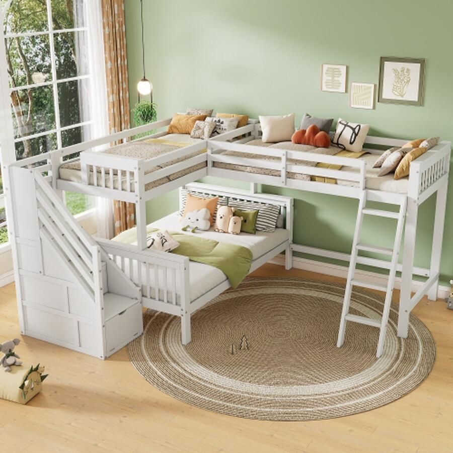 Kinderhoogslaper in het kinderbed kunnen drie kinderen slapen gemaakt van grenenhout multifunctioneel kinderbed stapelbed kinderbed met trap 140*200cm 90*200cm wit