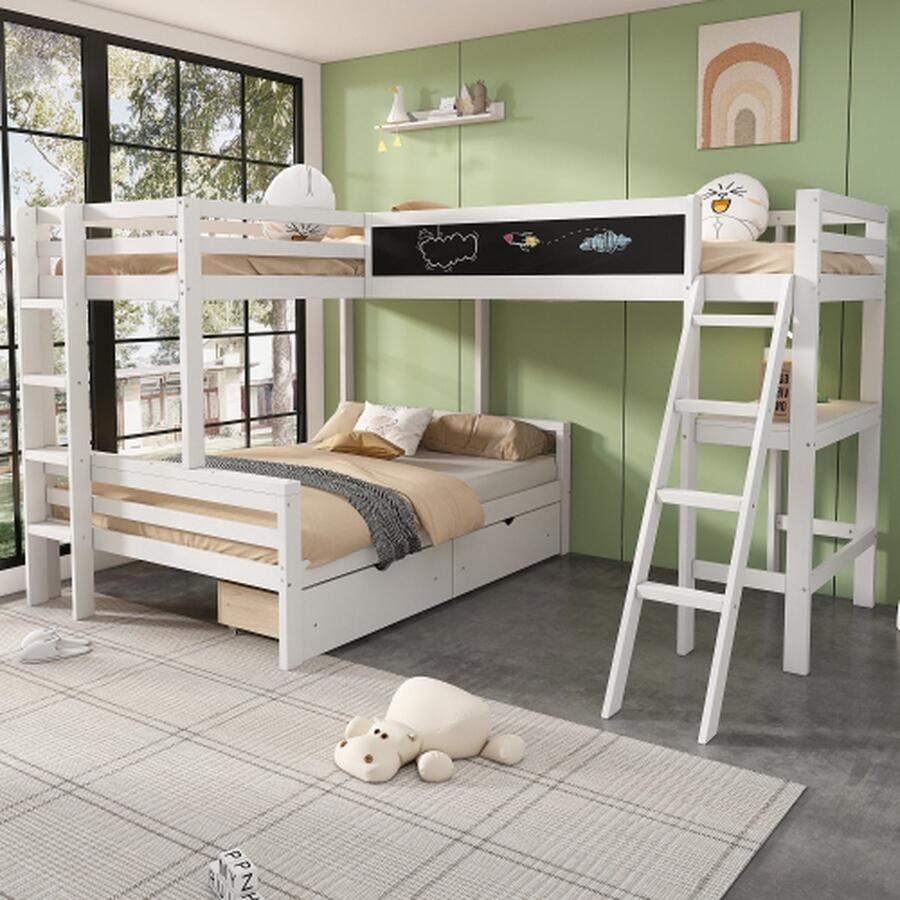 Kinderhoogslaper in het kinderbed kunnen drie kinderen slapen heeft opberglades gemaakt van grenenhout stapelbed kinderbed met bureau en plank 140*200cm 90*200cm wit