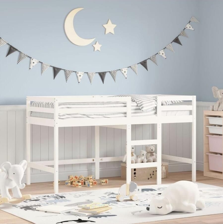 Kinderhoogslaper met ladder wit 90 x 200 cm massief grenen hoogslaper voor kinderen halfhoogslaper