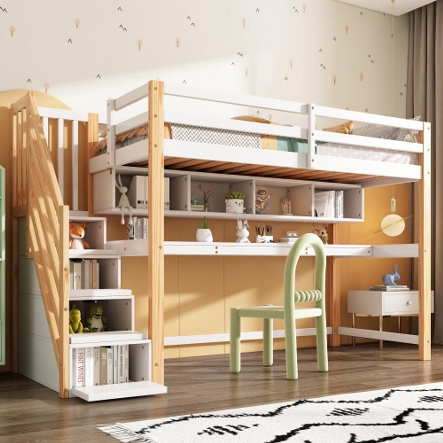 Kinderhoogslaper met opbergtrap 90*200cm massief hout + MDF stapelbed kinderbed met groot bureau en planken milieuvriendelijke kleuren naturel en wit