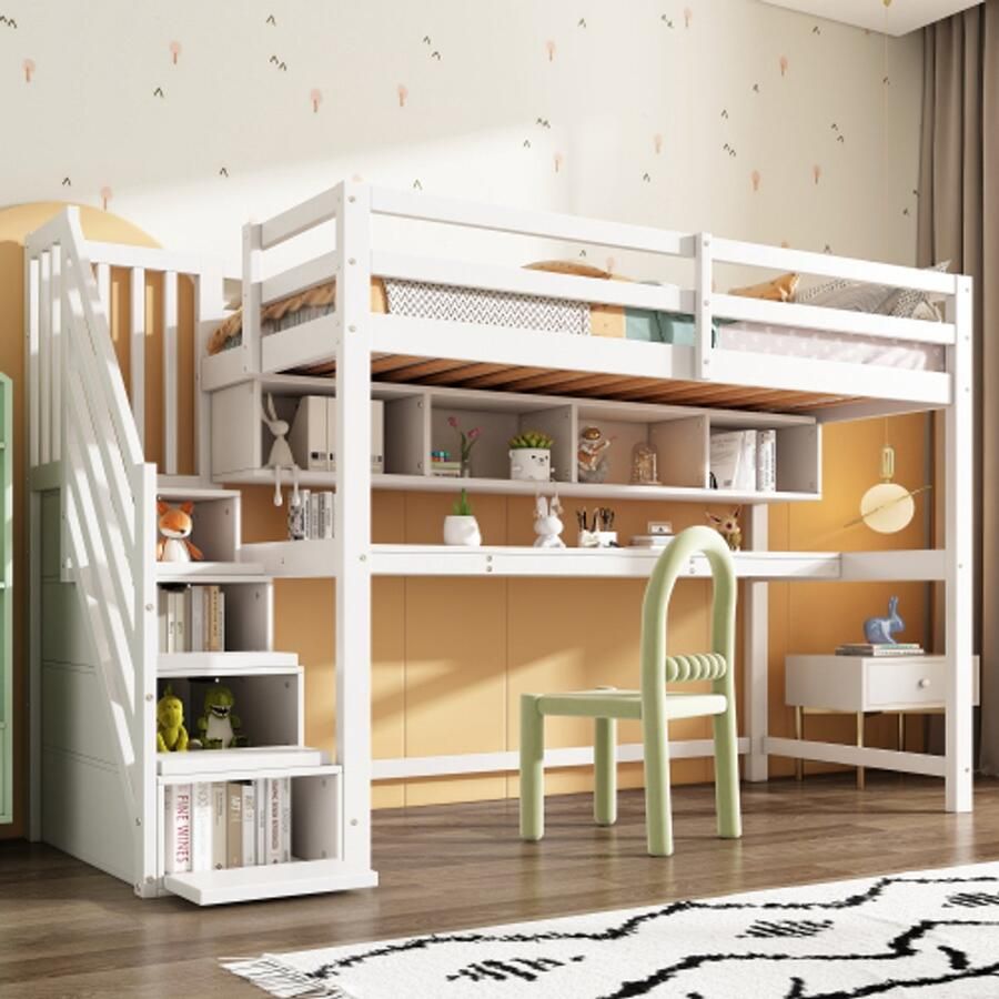 Kinderhoogslaper met opbergtrap 90*200cm massief hout + MDF stapelbed kinderbed met groot bureau en planken milieuvriendelijke verf wit