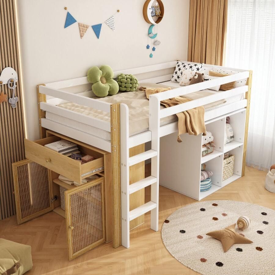 Kinderhoogslaper multifunctioneel kinderbed eenpersoonsbed met 2 opbergkasten en ladder zonder matras 90 x 200 cm naturel + wit