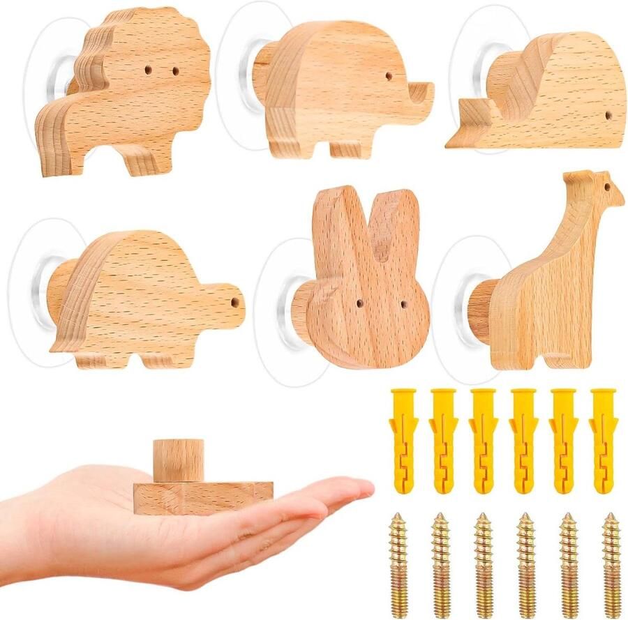 Kinderkamer Houten kastknoppen met diermotieven Set van 6 Zelfklevend en met schroeven Houten handgrepen Meubelknoppen kastknoppen kinderkamer