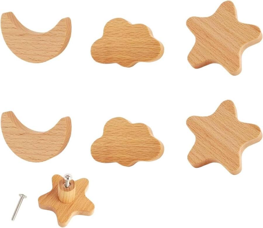 Kinderkamer Kastknoppen Set van 6 Massief Hout Sterren en Maan Ontwerp Natuurlijke Meubelknoppen met Wolken Motief Kinderen Decoratie voor Kasten en Lades