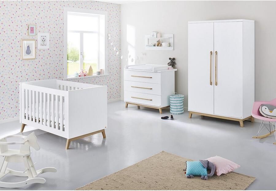 Rootz Living Rootz Kinderkamer 'Riva' 4-delige set Babymeubelset Babykamerset Converteerbaar kinderbedje commode kledingkast wandplank 149 cm x 78 cm x 84 cm