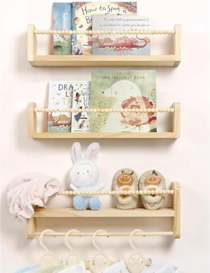 Kinderkamer Wandplank Houten Boekenplank 3-delige Set Kinderplank met Houten Kralen Design Wanddecoratie Opbergrek voor Kinderen Badkamer Woonkamer