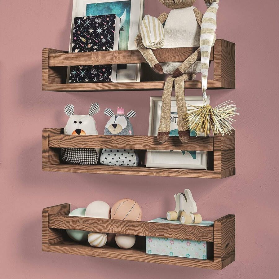 Kinderkamer wandplank. Set van 3 boekenwandplanken voor kinderkamers en babykamers. Massief houten boekenplank kinderkamerwand voor jongens en meisjes. Planken voor kinderen in donkerbruin