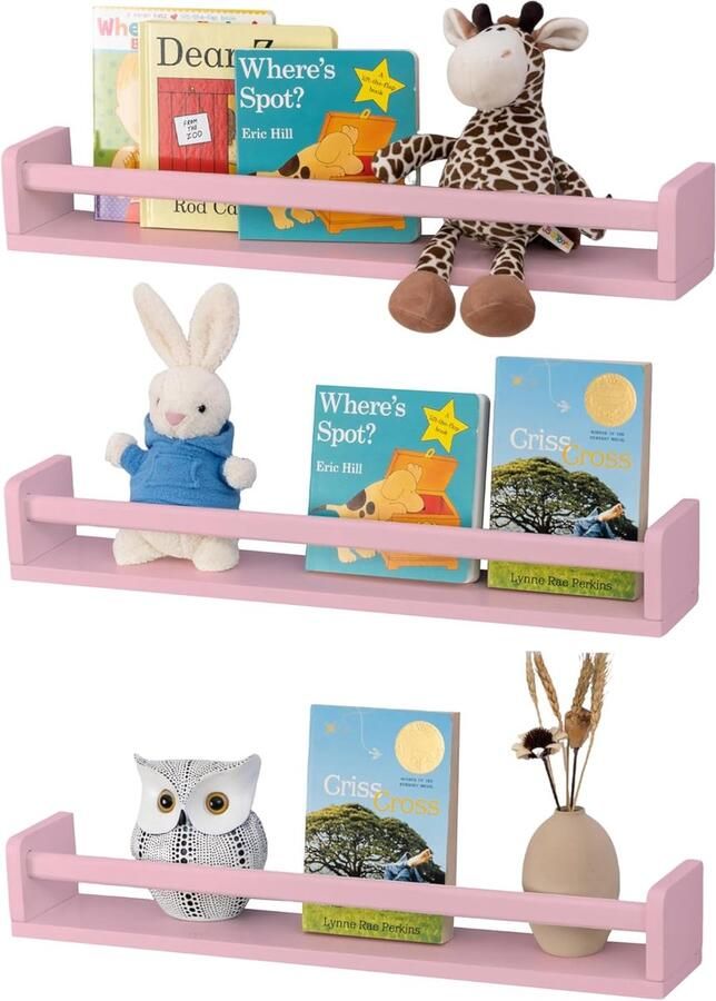 Kinderkamerboekenkast 3 stuks Wandrek 40 cm Hout Kinderboekenkast Geschikt voor woonkamer badkamer slaapkamer Wandplank Roze