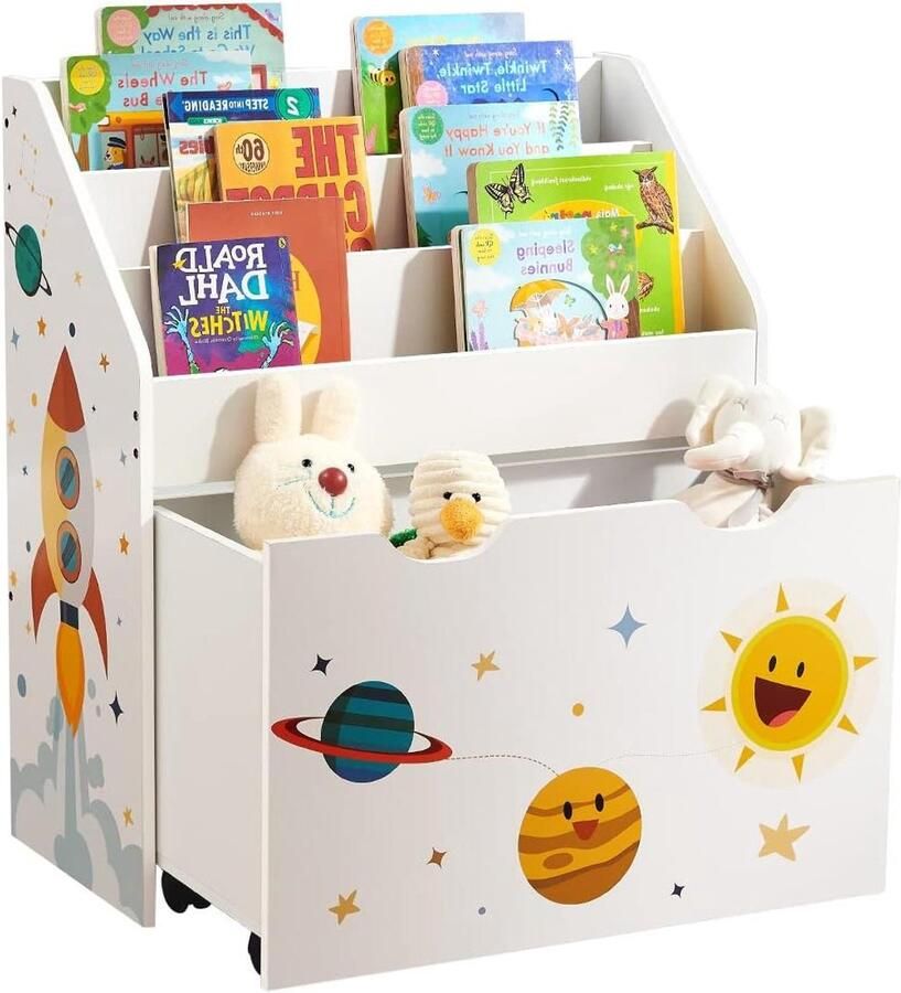 Kinderkamerplank met 3 vakken en uittrekbare speelgoeddoos met wielen Speelgoedplank voor kinderen Wit