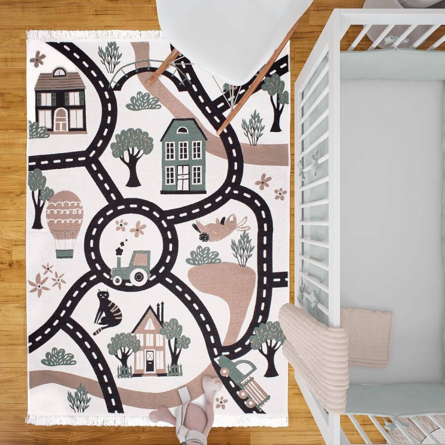 Kinderkamertapijt Omkeerbaar vloerkleed van 100% gerecycled garen perfect voor kinderkamerdecoratie hoog katoengehalte kindertapijt straattapijt (170 x 120 cm) - Foto 2