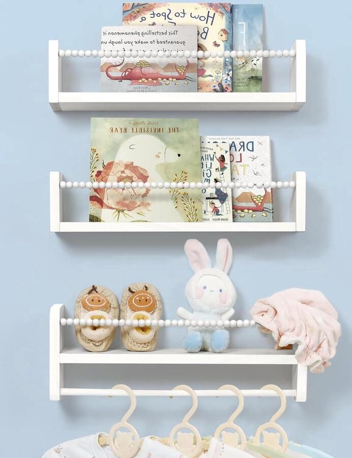 Kinderkamerwandrek Wandplank Decoratieve organizer Set van 3 Natuurlijk hout Wit