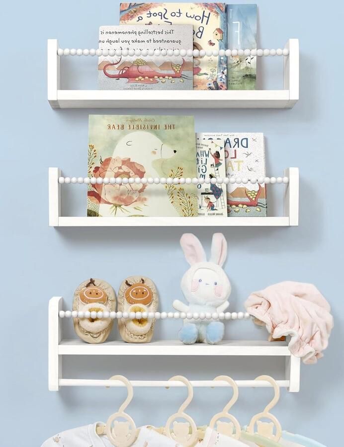 Wandrek set van 3 in natuurlijk wit hout Boekenrek met handdoekhouder Zwevende plank voor kinderkamer Decoratieve organizer voor slaapkamer en keuken