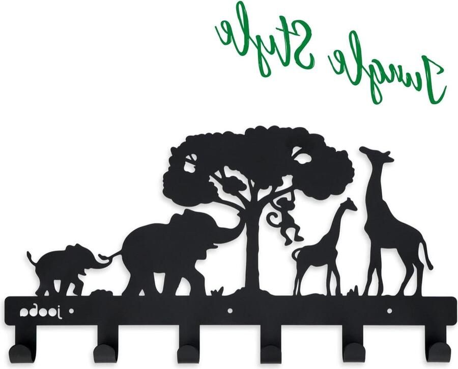Kinderkapstok Jungle Thema Met 6 Haken Hangende Wandkapstok 43x23 cm Zwart Metaal
