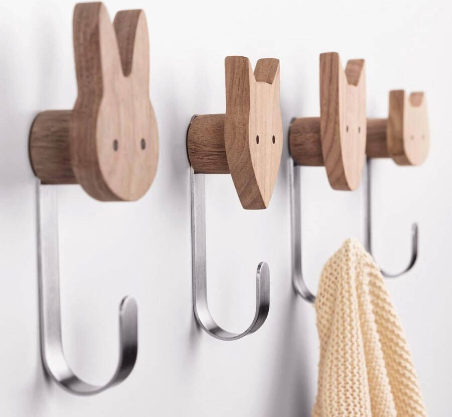 Kinderkapstok kapstok voor kinderen van hout in dierenvormen muurhaakjes kapstok voor kinderkamer dieren hond kat vos konijn decoratie (eikenhout incl. 4 metalen haken)