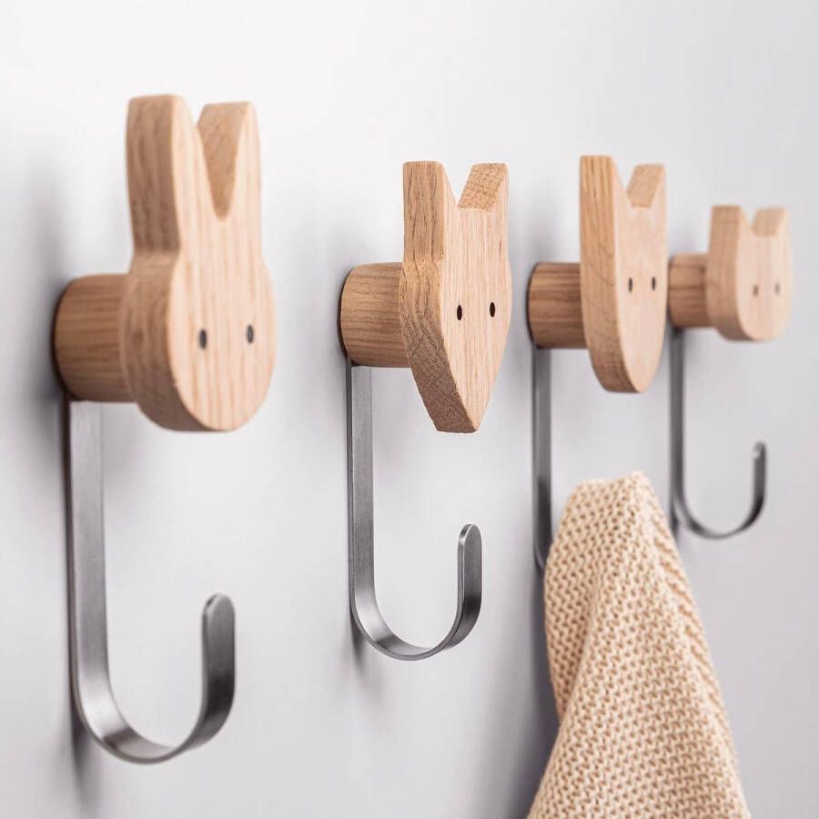 Kinderkapstok kapstok voor kinderen van hout in dierenvormen muurhaakjes kapstok voor kinderkamer dieren hond kat vos konijn decoratie (eikenhout incl. 4 metalen haken)