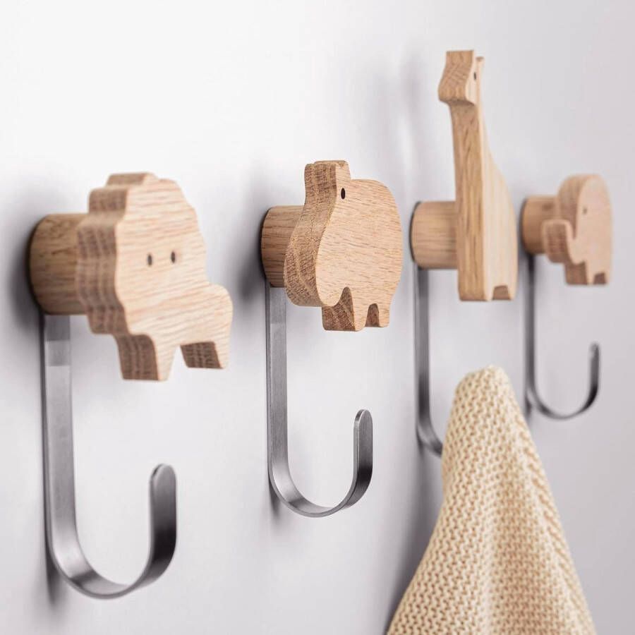 Kinderkapstok kapstok voor kinderen van hout in dierenvormen muurhaakjes kapstok voor kinderkamer dieren leeuw nijlpaard giraffe olifant decoratie (eikenhout incl. 4 metalen haken)