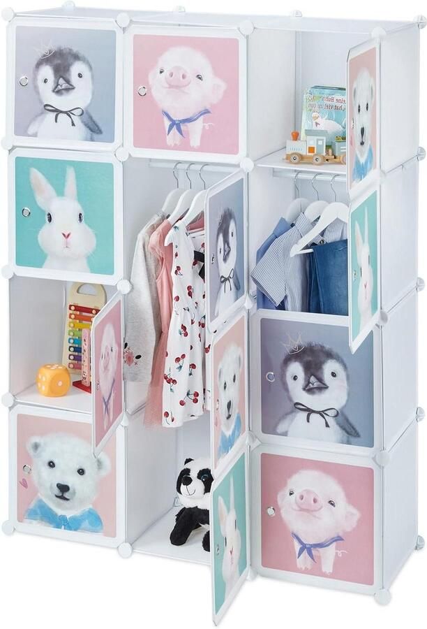 Kinderkast 8 vakken met deuren babydieren prints HxBxD: 145x109x37 cm grote opbergkast kinderkamer wit van Relaxdays
