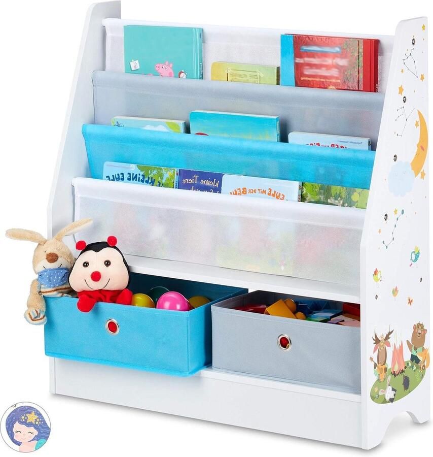 Kinderkast dieren met 2 boxen en 3 vakken voor speelgoed en kinderboeken Kinderkamer opberger HBD 74x71x23 cm gekleurd Boekenkast kind